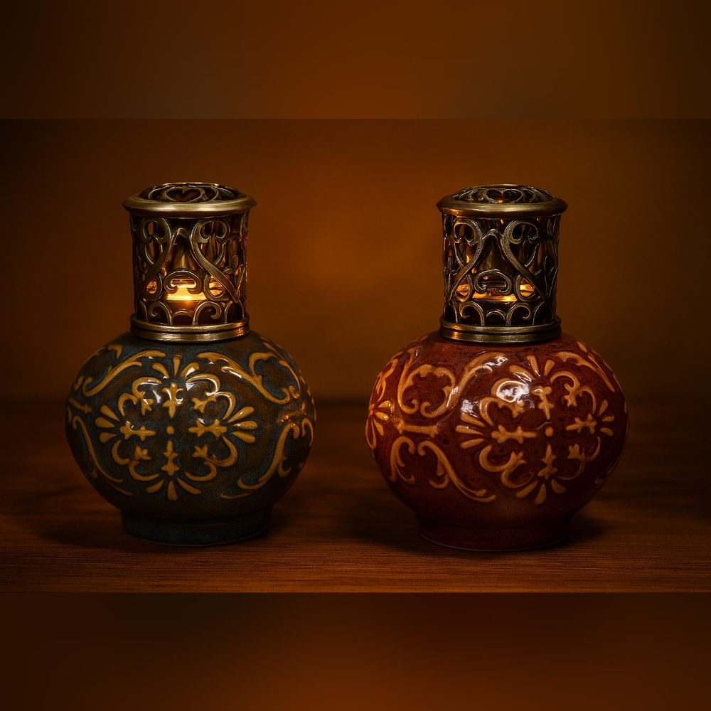 Vintage Ceramic Diffusers With Ornate Metal Scroll Lid Blue & Maroon